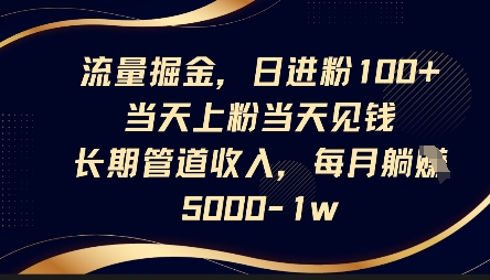 流量掘金，日进粉100+，当天上粉当天见钱，长期管道收入，每月躺挣5k-青年云网创—高质量项目商城